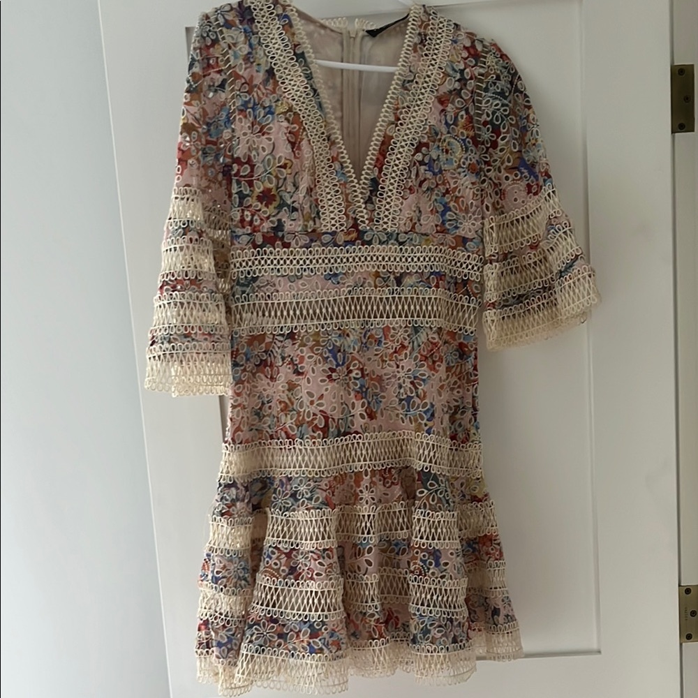Few Moda Floral Lace Mini Dress with Bell Sleeves